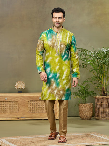 Green Printed Kurta with Aligarhi Pant Featuring Highlight Embroidery