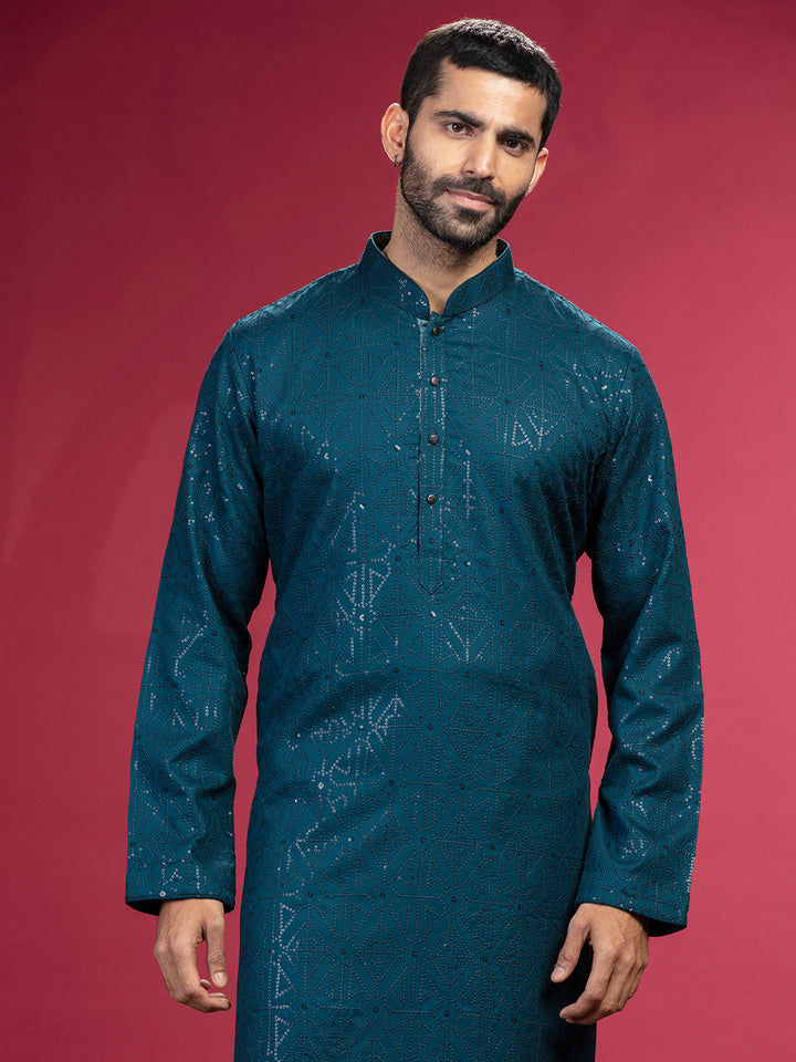 Teal Blue Kurta with sequence work and Aligadi pants.