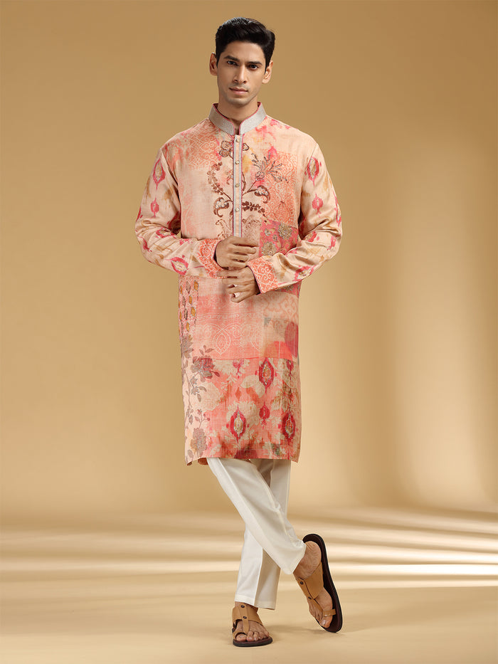 Charming Peach & White Embroidered Printed Kurta Set - KORANM