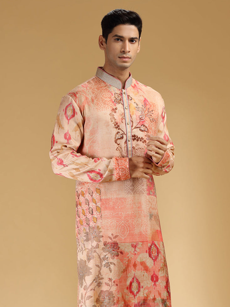 Charming Peach & White Embroidered Printed Kurta Set - KORANM