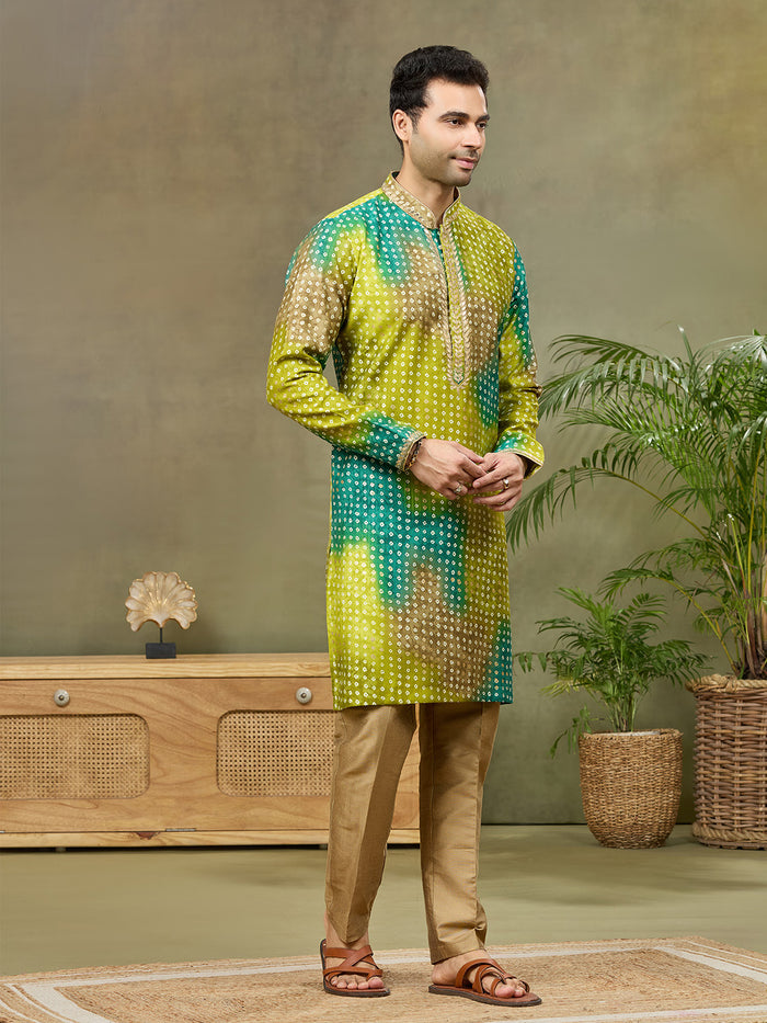 Green Printed Kurta with Aligarhi Pant Featuring Highlight Embroidery