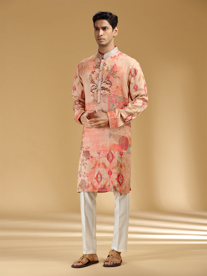 Charming Peach & White Embroidered Printed Kurta Set - KORANM