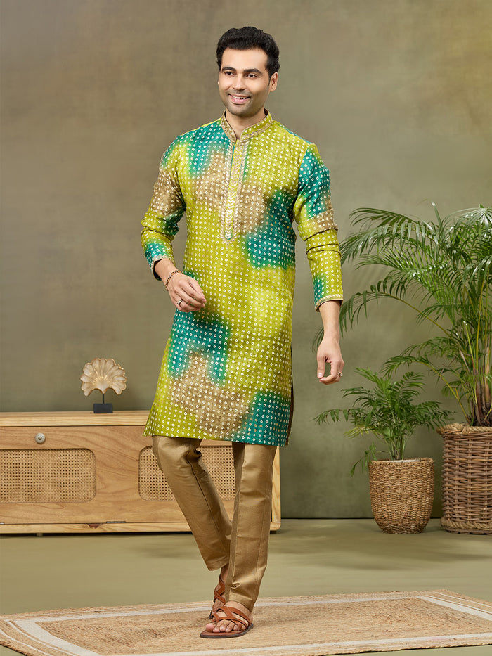 Green Printed Kurta with Aligarhi Pant Featuring Highlight Embroidery