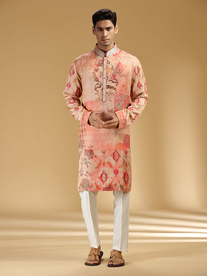 Charming Peach & White Embroidered Printed Kurta Set - KORANM