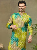 Green Printed Kurta with Aligarhi Pant Featuring Highlight Embroidery