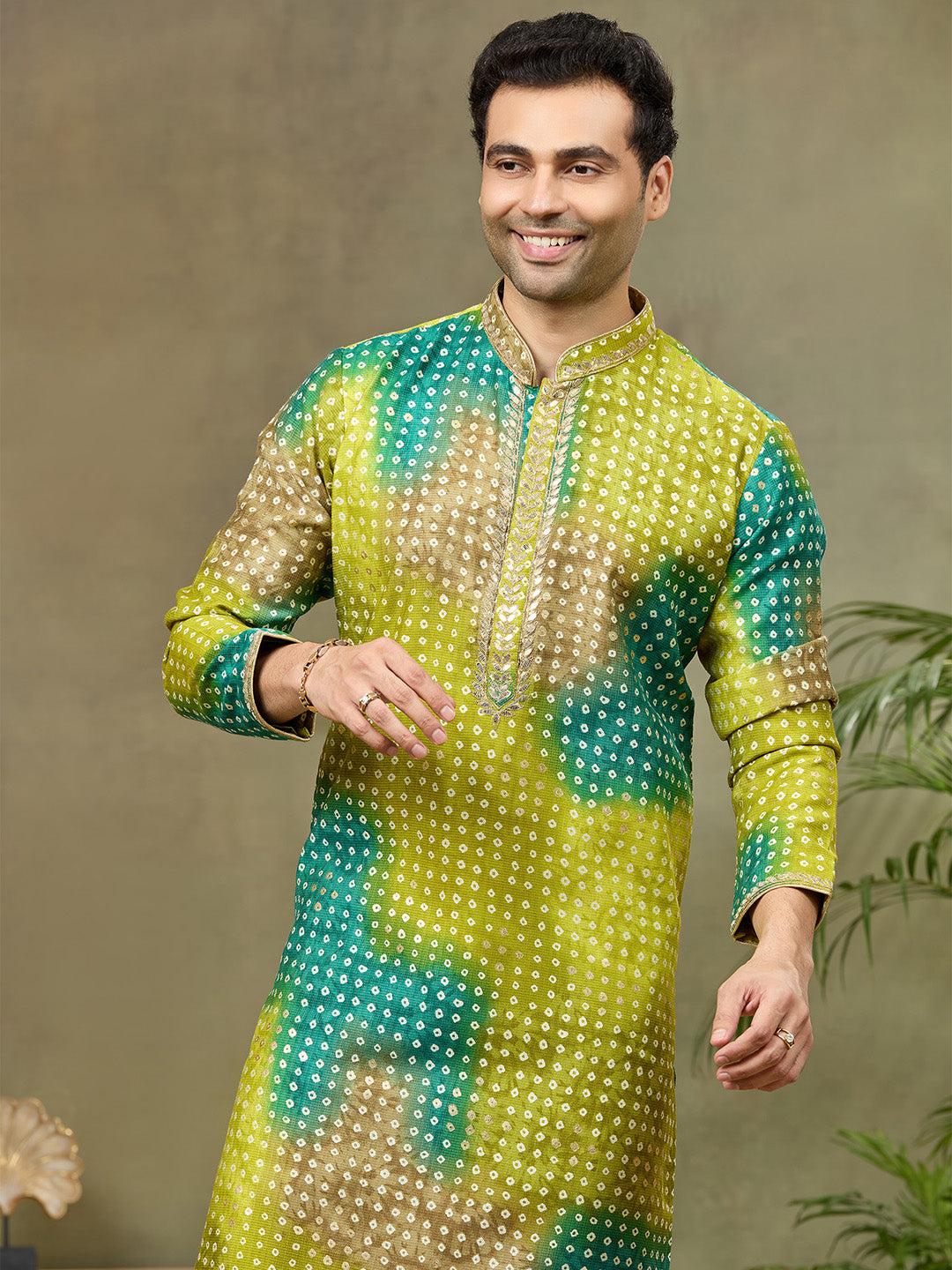 Green Printed Kurta with Aligarhi Pant Featuring Highlight Embroidery - KORANM