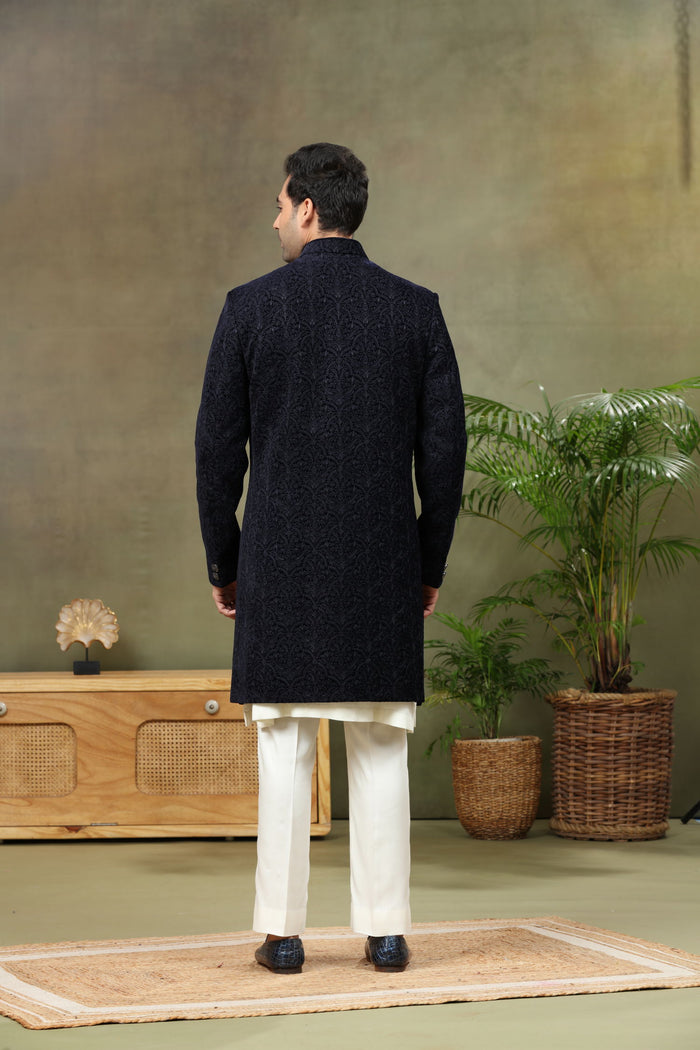 Navy Jacquard Brocade Sherwani with Cream Plazzo Pant