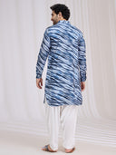 Back view of blue raw silk pathani kurta set for men