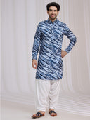 Blue Raw Silk Leheriya Pathani Kurta Set for Men with Cream Salwar