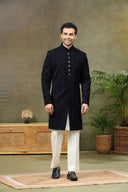 Navy Jacquard Brocade Sherwani with Cream Plazzo Pant