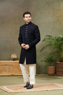 Navy Jacquard Brocade Sherwani with Cream Plazzo Pant