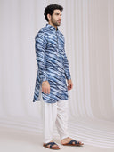 Side view of blue raw silk leheriya pathani kurta for men