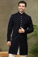 Navy Jacquard Brocade Sherwani with Cream Plazzo Pant