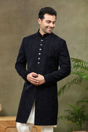 Navy Jacquard Brocade Sherwani with Cream Plazzo Pant