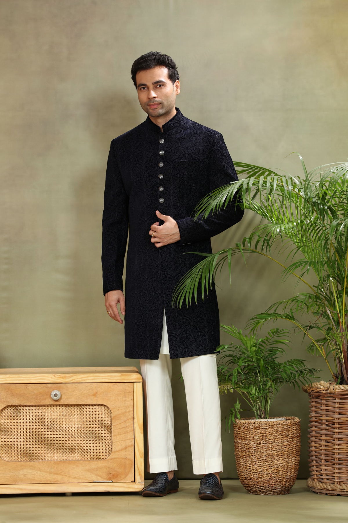Navy Jacquard Brocade Sherwani with Cream Plazzo Pant - KORANM