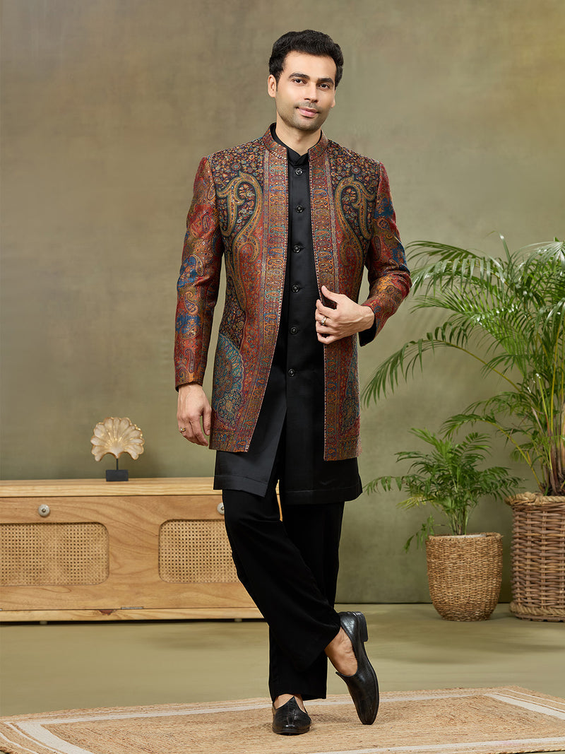 Multi-Color Paisley Pashmina Silk Indo-Western Jacket Set - KORANM