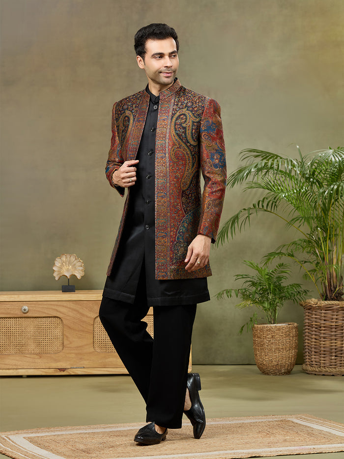 Multi-Color Paisley Pashmina Silk Indo-Western Jacket Set
