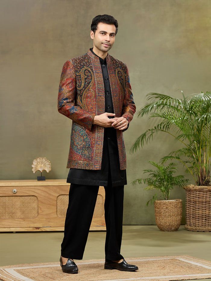 Multi-Color Paisley Pashmina Silk Indo-Western Jacket Set