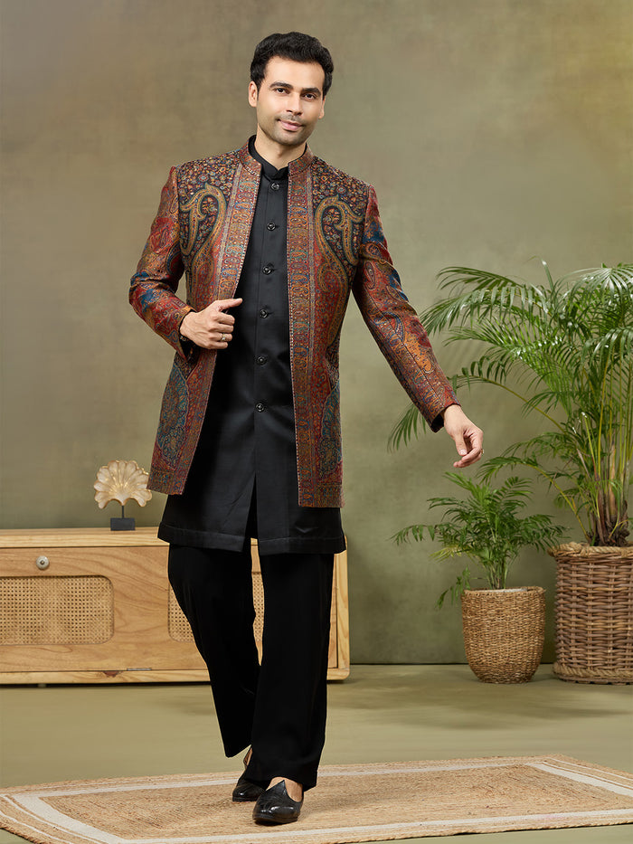 Multi-Color Paisley Pashmina Silk Indo-Western Jacket Set