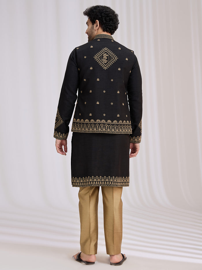 Black Blended Silk Geometric Bandi Jacket Set with Resham Work and Antique Gold Aligarhi - KORANM
