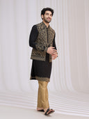 Close-up of geometric thread work and resham embroidery on black blended silk bandi jacket