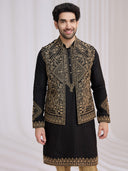 Black blended silk bandi jacket set for men with geometric pattern, resham thread work and antique gold aligarhi – front view