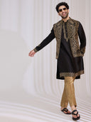Black Blended Silk Geometric Bandi Jacket Set with Resham Work and Antique Gold Aligarhi