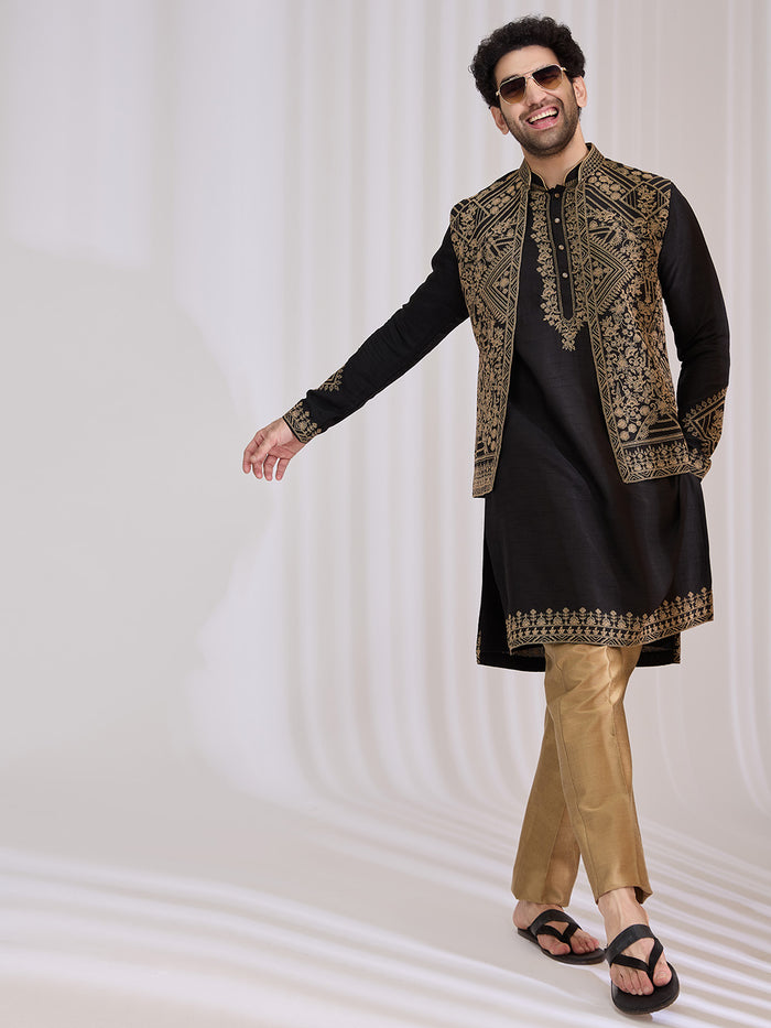 Black Blended Silk Geometric Bandi Jacket Set with Resham Work and Antique Gold Aligarhi - KORANM