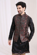 Black Satin Linen Paisley Bandi Jacket Set for Men with Kurta & Aligarhi - KORANM