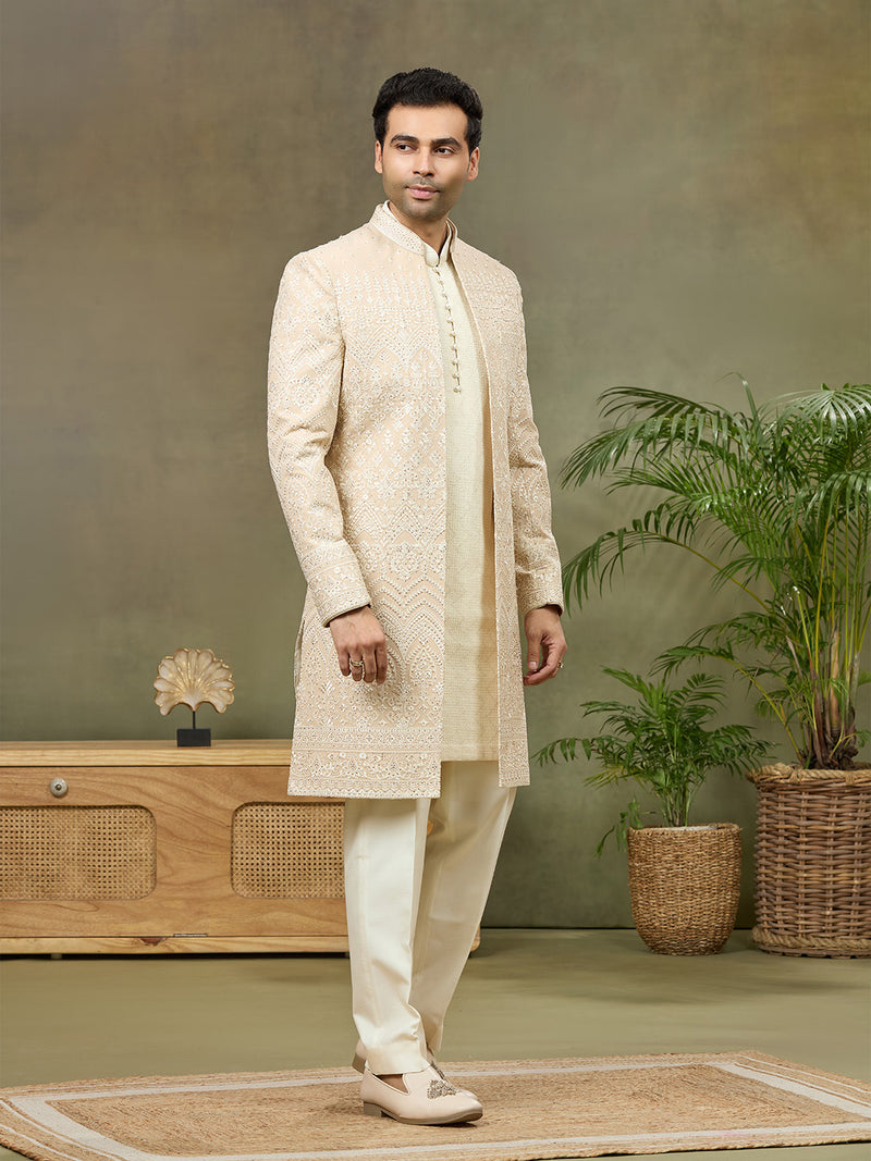 Fawn Embroidered Kia Silk Indo-Western Jacket Set - KORANM
