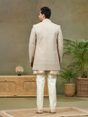 Grey Embroidered Carmy Silk Indo Western with Kurta and Aligarhi Pants