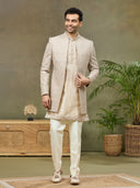 Grey Embroidered Carmy Silk Indo Western with Kurta and Aligarhi Pants