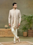 Grey Embroidered Carmy Silk Indo Western with Kurta and Aligarhi Pants