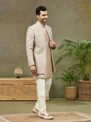 Grey Embroidered Carmy Silk Indo Western with Kurta and Aligarhi Pants