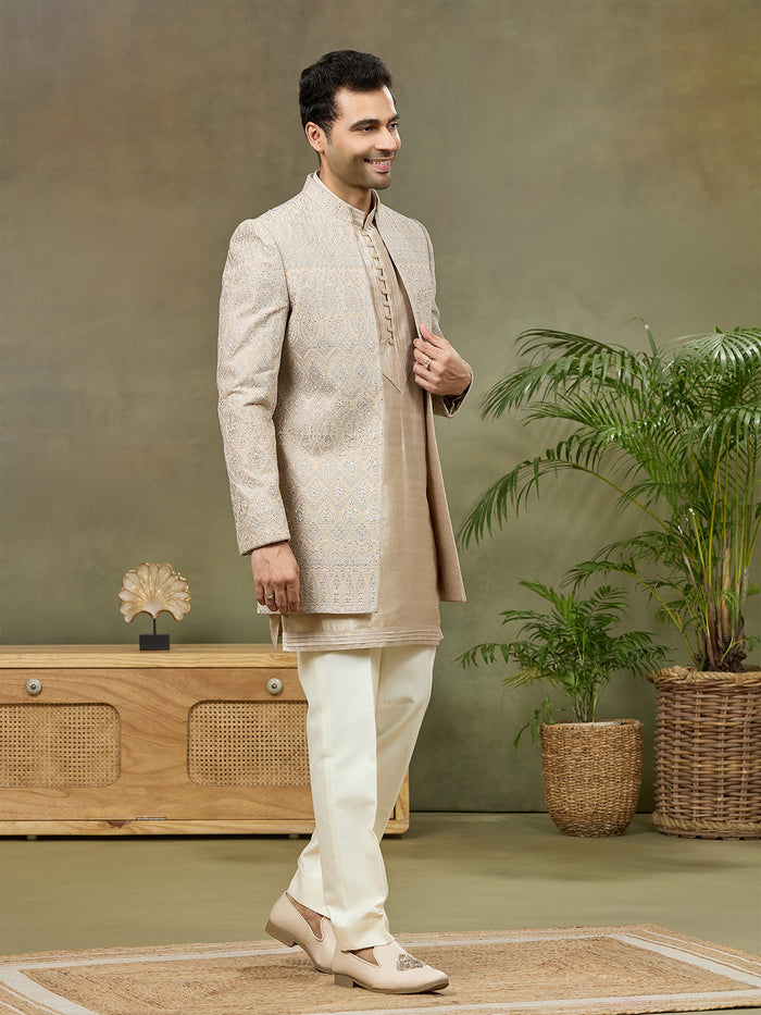 Grey Embroidered Carmy Silk Indo Western with Kurta and Aligarhi Pants