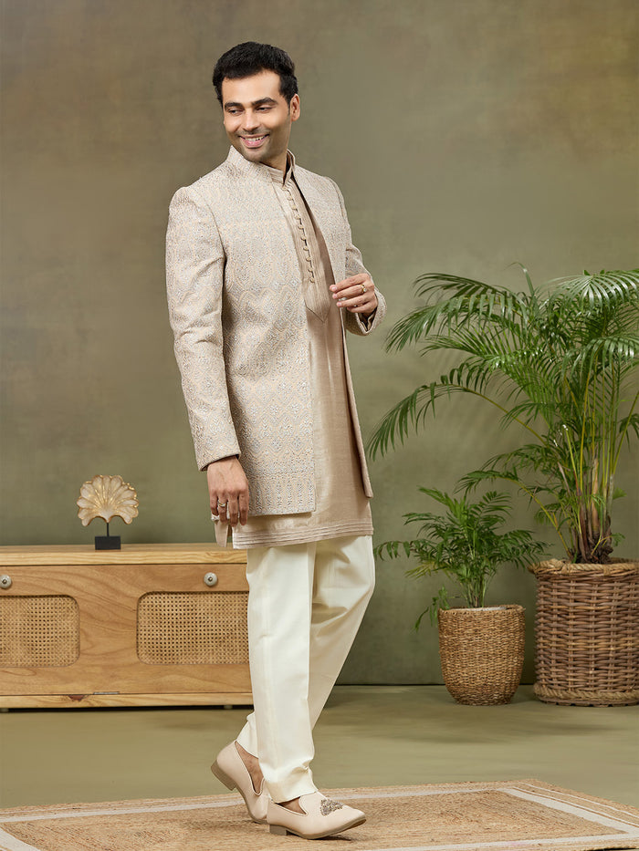 Grey Embroidered Carmy Silk Indo Western with Kurta and Aligarhi Pants