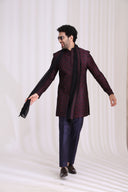 Wine Rayon Sherwani Set for Men with Dupatta & Aligarhi