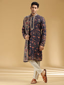 Classic Navy & Cream Printed Kurta Set with Dupatta