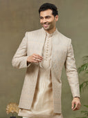 Grey Embroidered Carmy Silk Indo Western with Kurta and Aligarhi Pants