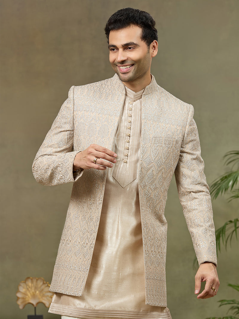 Grey Embroidered Carmy Silk Indo Western with Kurta and Aligarhi Pants - KORANM
