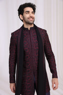 Wine Rayon Sherwani Set for Men with Dupatta & Aligarhi