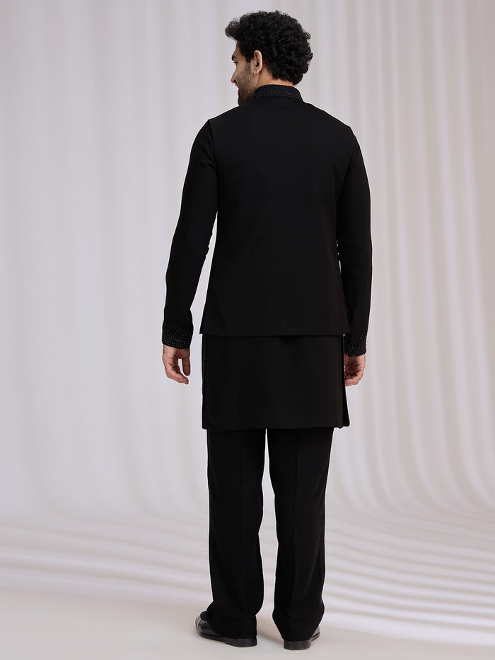 Back view of black terry rayon bandi jacket set for men