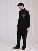 Side view of black terry rayon bandi jacket for men with animal embroidery