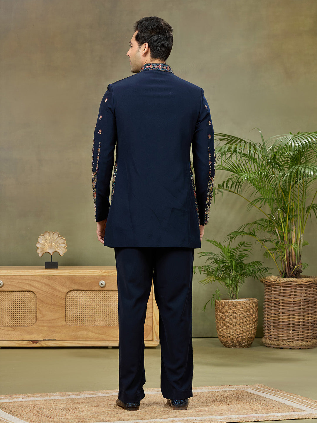 Navy Blue Embroidered Indo Western Set with Palazzo Pant - KORANM