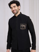 Black terry rayon bandi jacket set for men with animal hand embroidery and cream aligarhi – front view