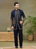 Navy Blue Embroidered Indo Western Set with Palazzo Pant - KORANM