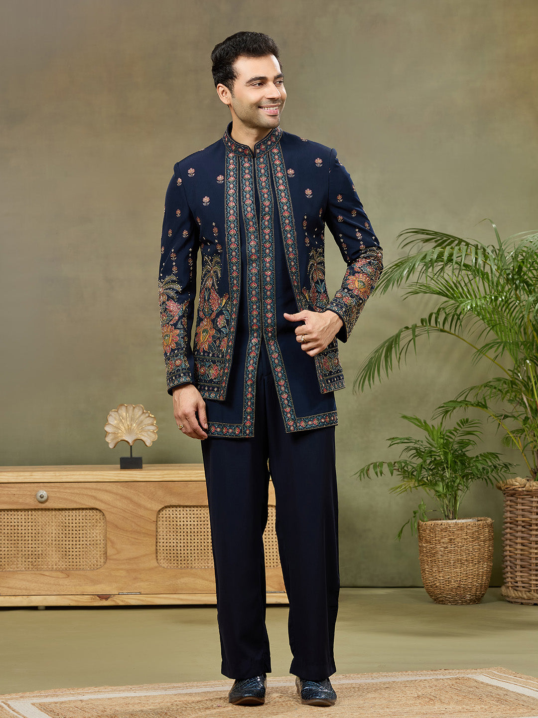 Navy Blue Embroidered Indo Western Set with Palazzo Pant - KORANM
