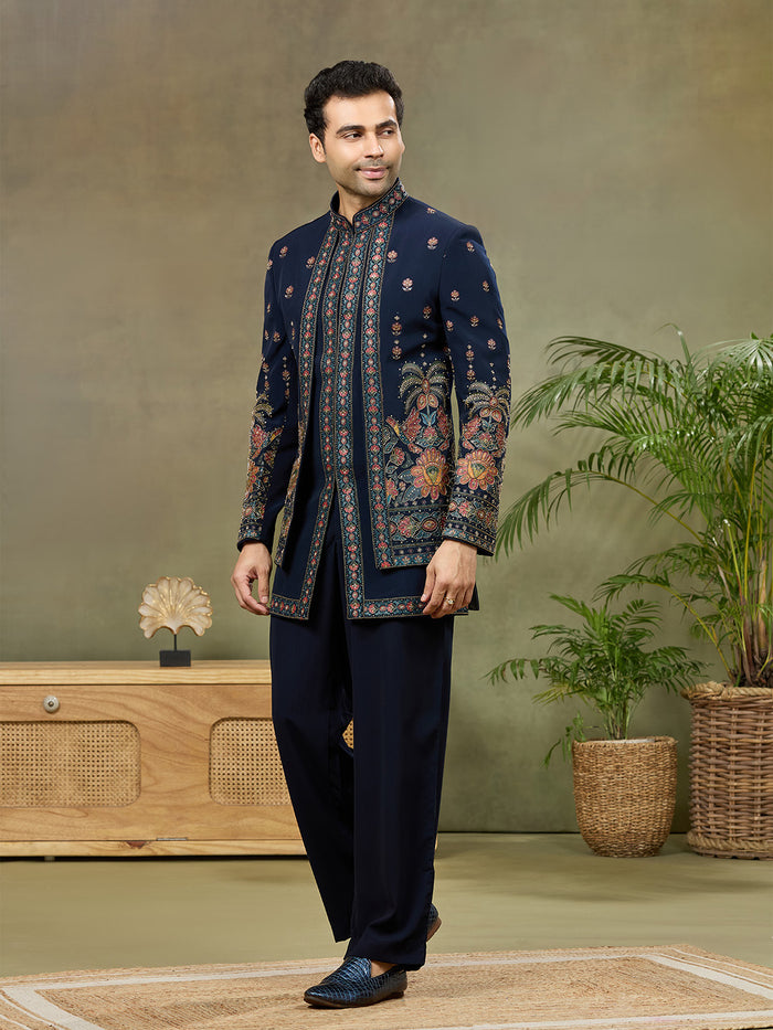 Navy Blue Embroidered Indo Western Set with Palazzo Pant - KORANM