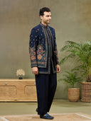 Navy Blue Embroidered Indo Western Set with Palazzo Pant - KORANM
