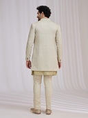 Light Olive Green Matka Silk Indo-Western Jacket Set for Men with Kurta & Trouser